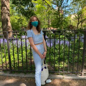 Zara High-Waisted Gingham Pants Blue/White Size Medium